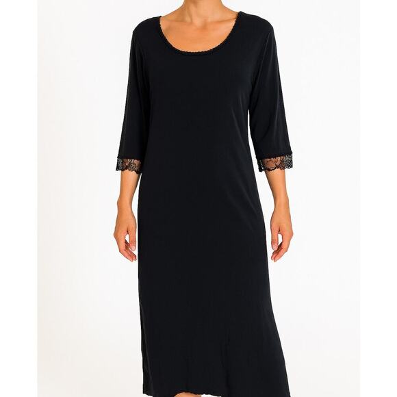 J. Jill maxi dress black slinky 3/4 sleeve lettuce trim lace arms stretch SZ LG - Picture 2 of 9